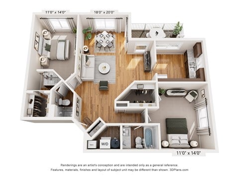 Floor plan for 2 beds, 2 baths, 1115 sqft